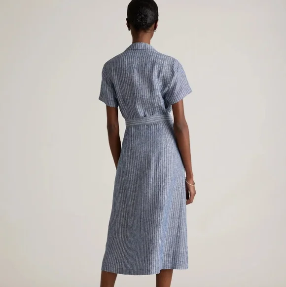 Quince 100% European Linen Dress Chambray Blue Stripe Button-Down Midi Medium - Picture 3 of 4